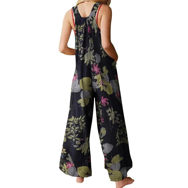 Linen Blend Floral Square-Neck Jumpsuit - Relaxed Summer Fit