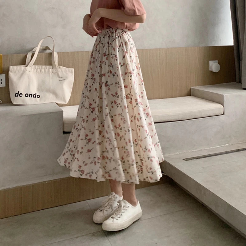 Floral Pleated Midi Skirt - Drawstring A-Line Style