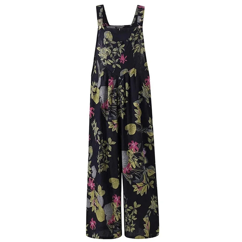 Linen Blend Floral Square-Neck Jumpsuit - Relaxed Summer Fit