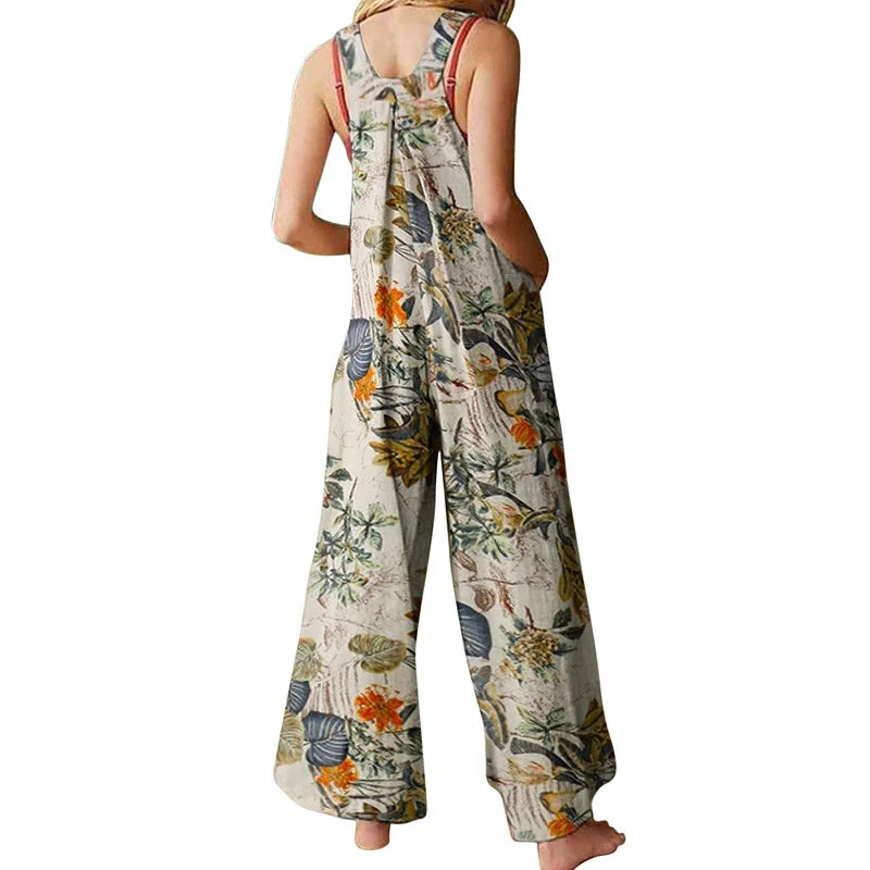 Linen Blend Floral Square-Neck Jumpsuit - Relaxed Summer Fit