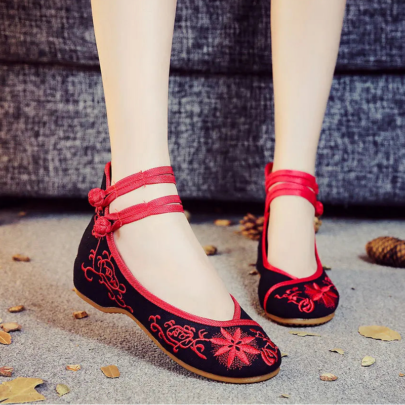 Sunflower Embroidered Ballet Flats - Ankle Strap Canvas