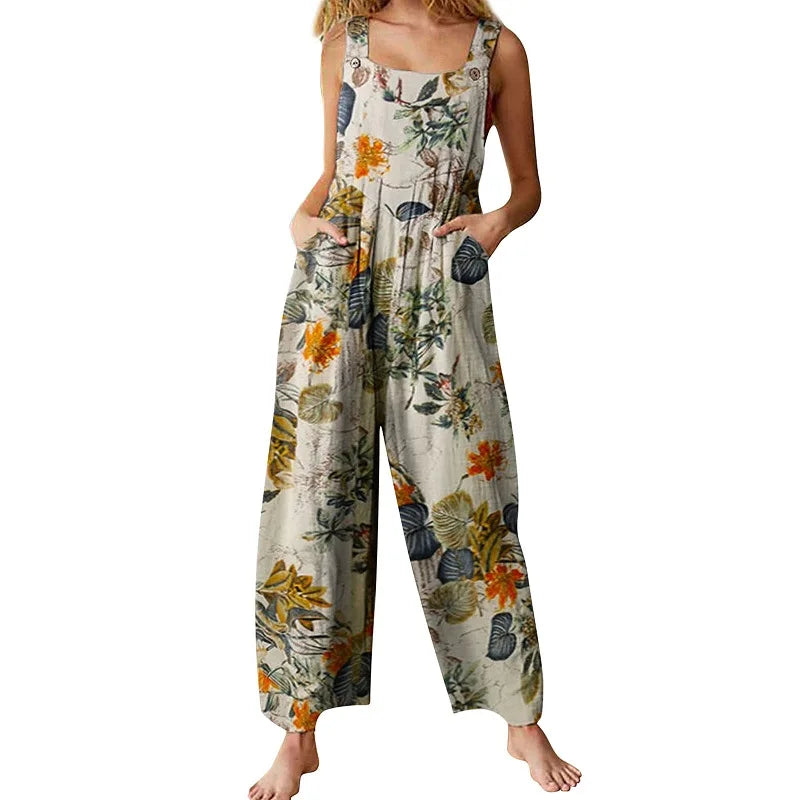 Linen Blend Floral Square-Neck Jumpsuit - Relaxed Summer Fit