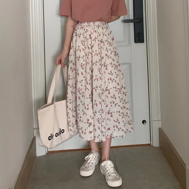 Floral Pleated Midi Skirt - Drawstring A-Line Style
