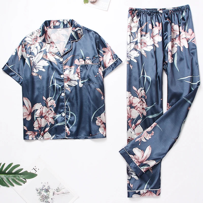 Floral Satin Button-Up Pajama Set