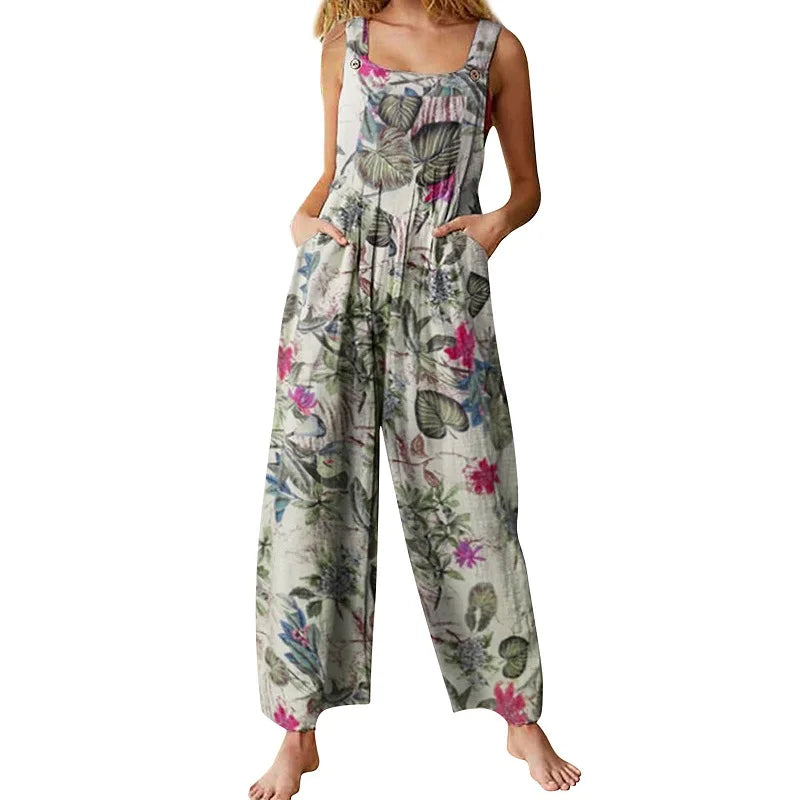 Linen Blend Floral Square-Neck Jumpsuit - Relaxed Summer Fit