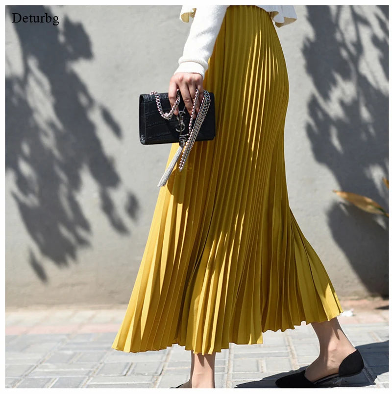 Pleated Chiffon Midi Skirt - High Waist Vintage Style