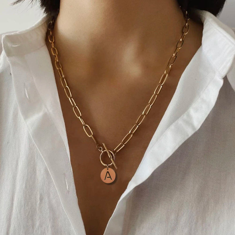 Stainless Steel Paperclip Initial Toggle Necklace
