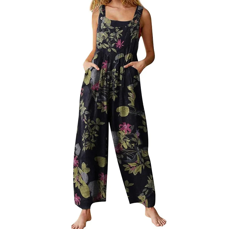 Linen Blend Floral Square-Neck Jumpsuit - Relaxed Summer Fit