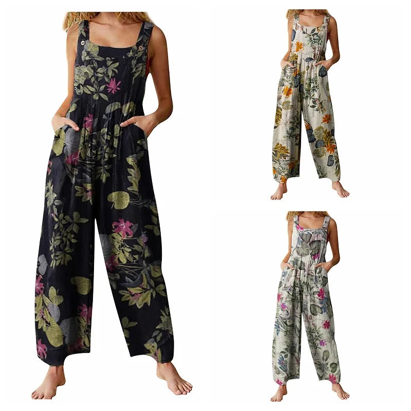 Linen Blend Floral Square-Neck Jumpsuit - Relaxed Summer Fit