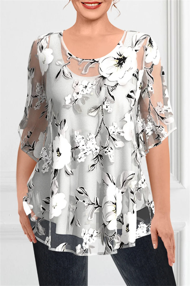 Floral Chiffon Two Piece Blouse - Dressy Plus Size Top