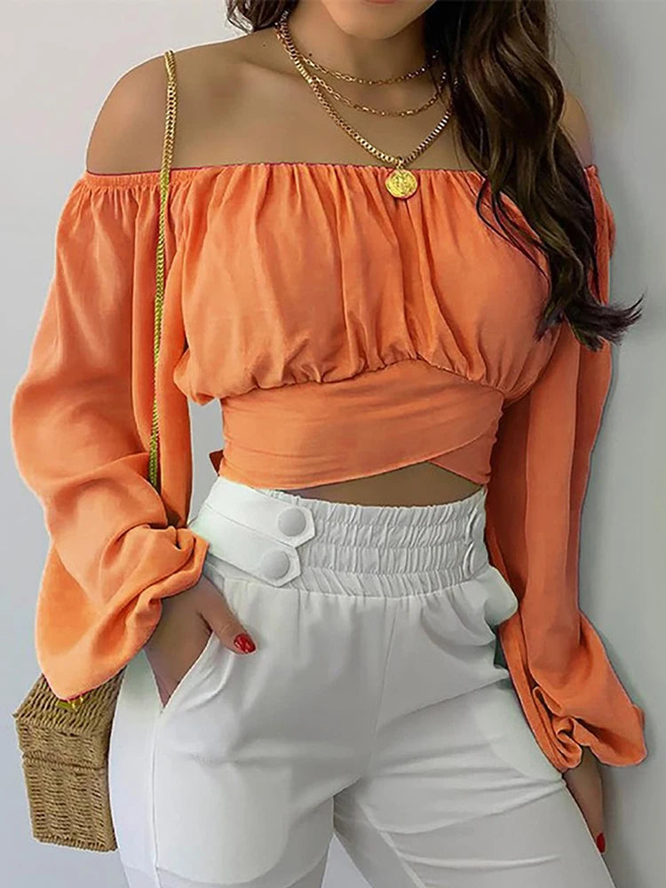Off-Shoulder Printed Blouse - Lantern Sleeve Lace-Up Crop Top