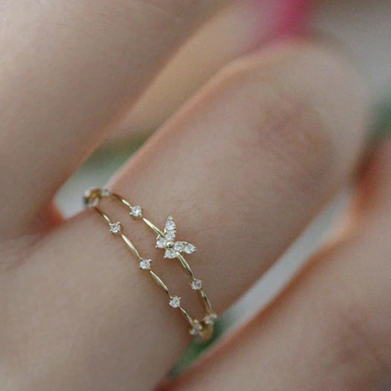 Butterfly Zircon Ring - Adjustable Double Layer Design