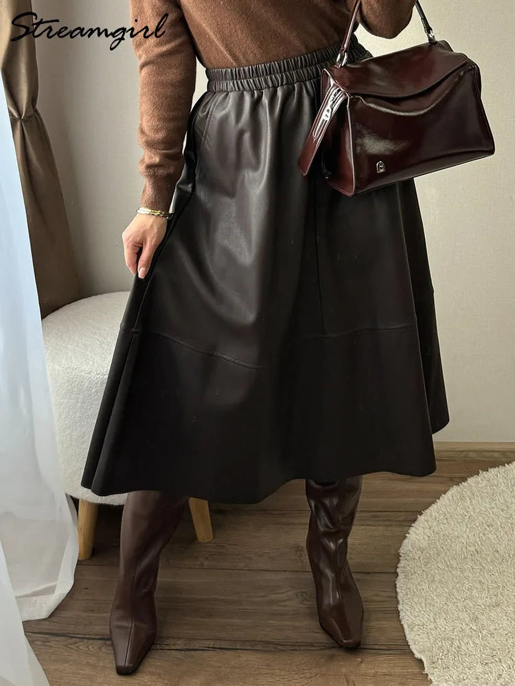 Leather A-Line Midi Skirt - Elastic Waist With Pockets