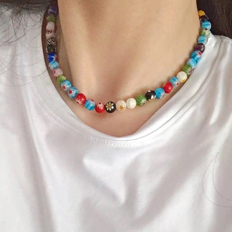Multicolor Glass Bead Necklace - Short Boho Strand