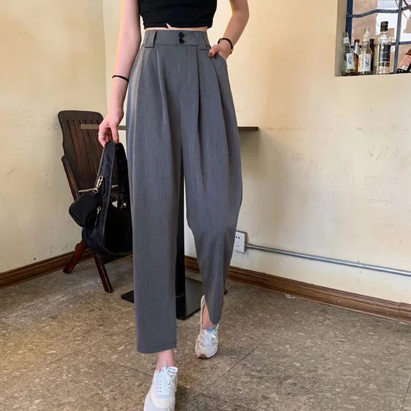 Cropped Suit Pants - High Waist Loose Fit
