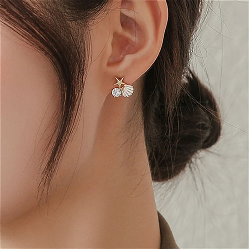 Shell Starfish Stud Earrings - Asymmetric Pearl Accent