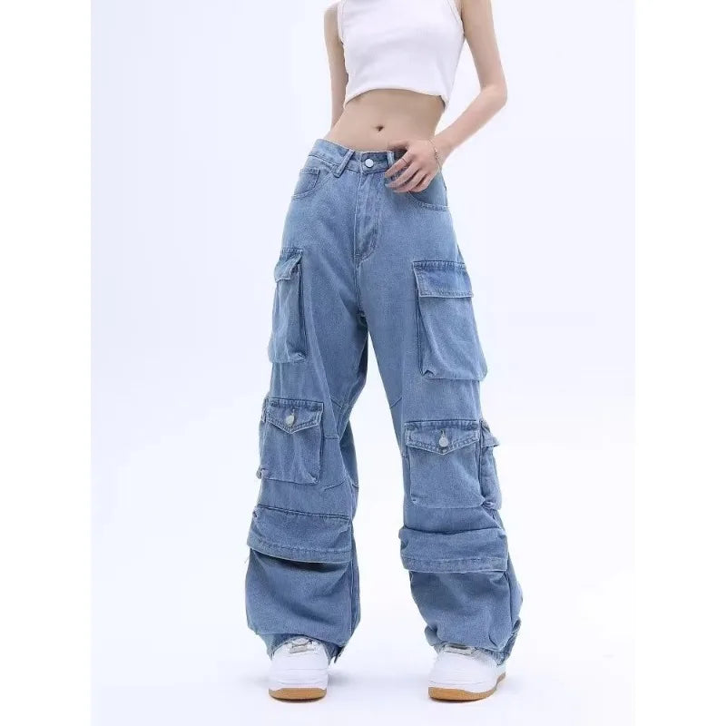 Washed Multi-Pocket Cargo Jeans - High-Waist Wide-Leg Fit
