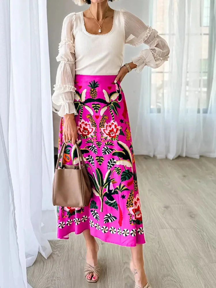 Botanical Print A-Line Skirt - Zipper Waist Design