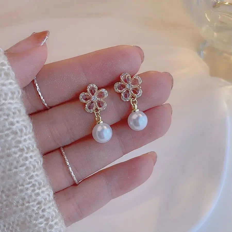 Rhinestone Flower Stud Earrings - Pearl Detail Party Style