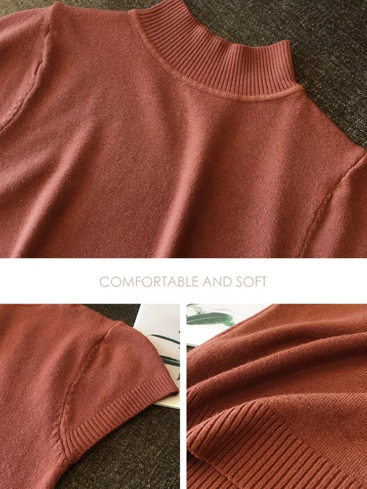 Half-High Neck Knit Tee - Korean Style One-Size Top