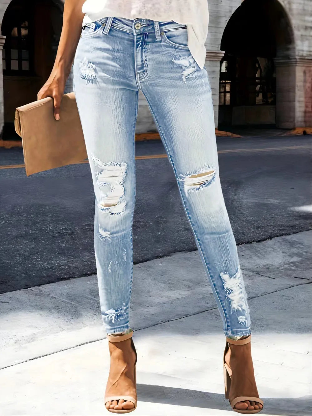 Distressed Straight Jeans - Stretch Washed Ankle Fit