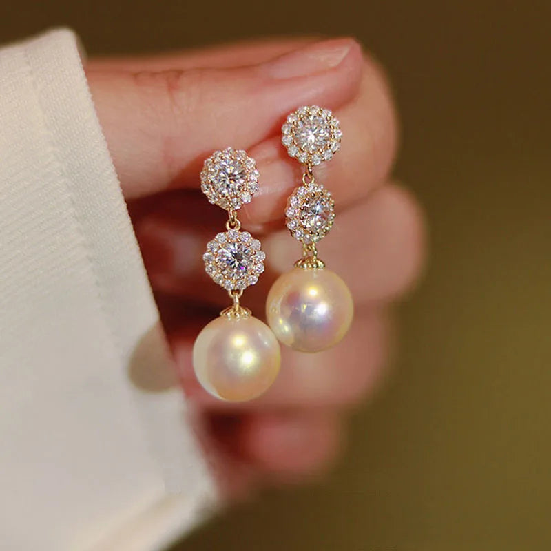 Rhinestone Flower Stud Earrings - Pearl Detail Party Style