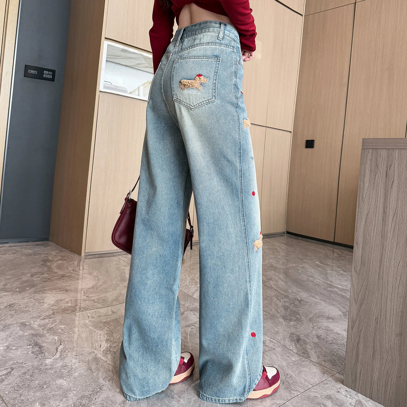 Embroidered Dog Straight-Leg Jeans - Korean Casual Denim