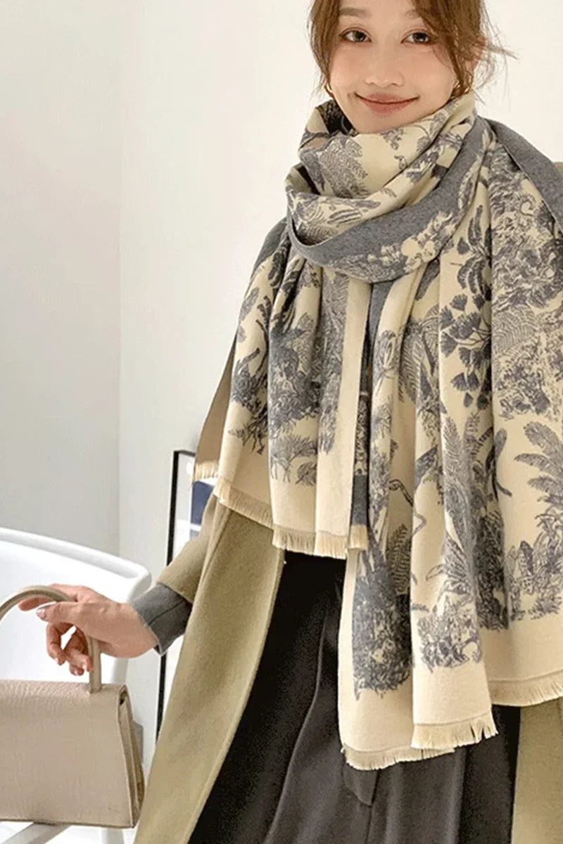 Floral Blanket Scarf - Thick Warm Pashmina Wrap