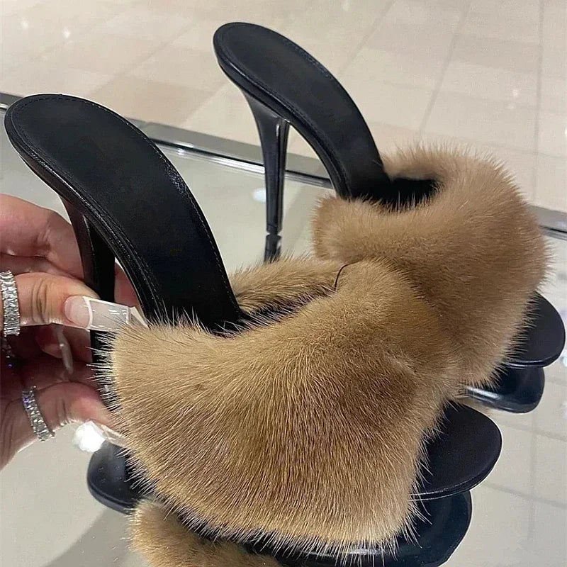 Mink Fur Open-Toe Heels - Slim Party Sandals
