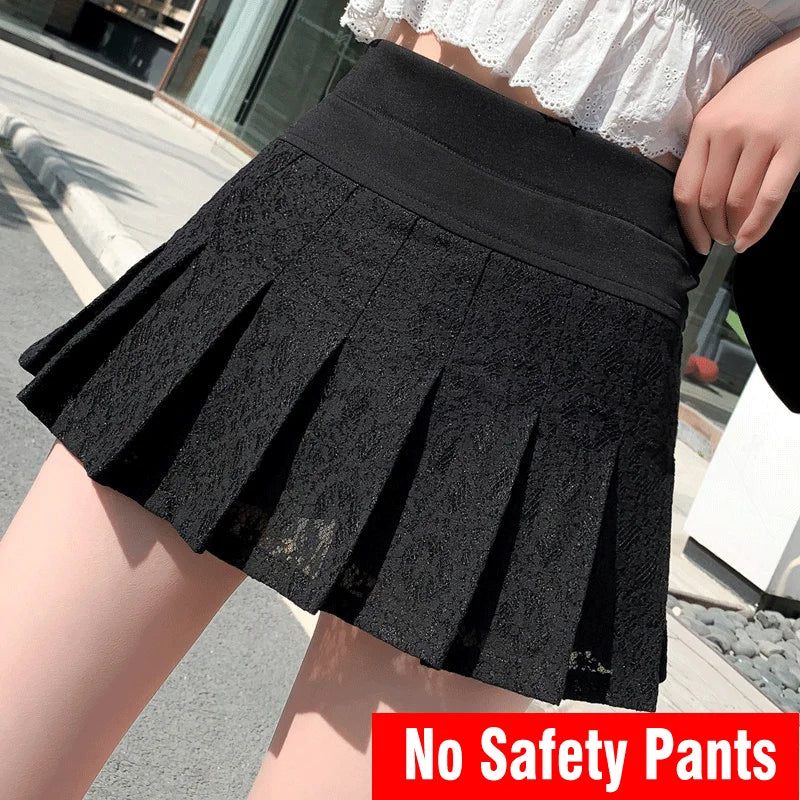 Lace Detail Pleated Mini Skirt - Sweet High Waist