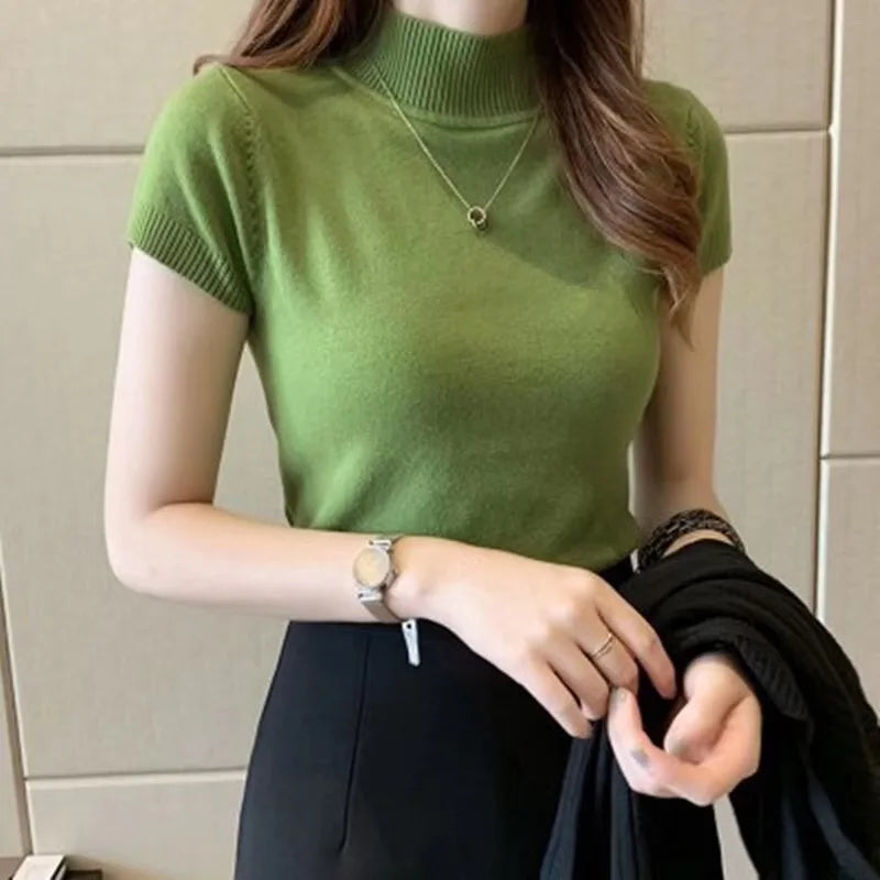 Half-High Neck Knit Tee - Korean Style One-Size Top