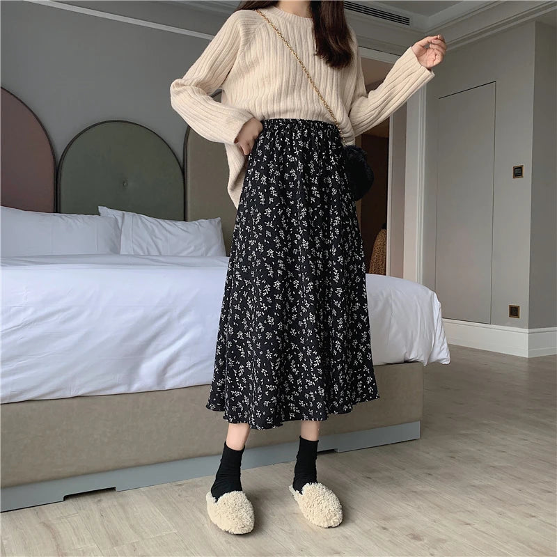 Floral Pleated Midi Skirt - Drawstring A-Line Style