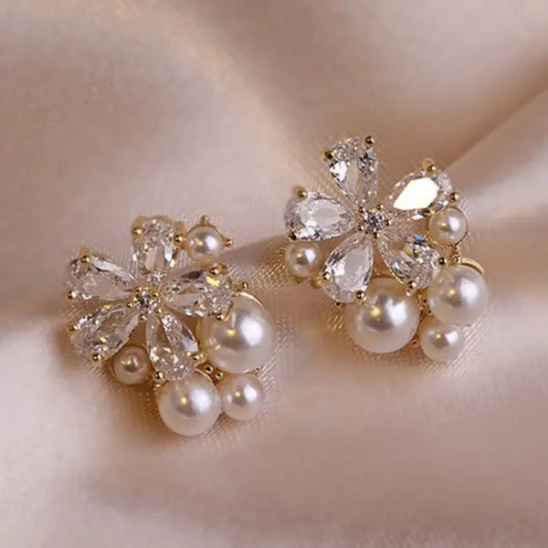 Rhinestone Flower Stud Earrings - Pearl Detail Party Style