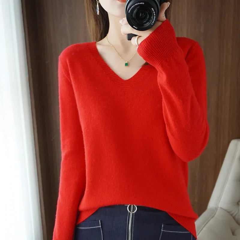 V-Neck Solid Knit Sweater - Warm Casual Pullover