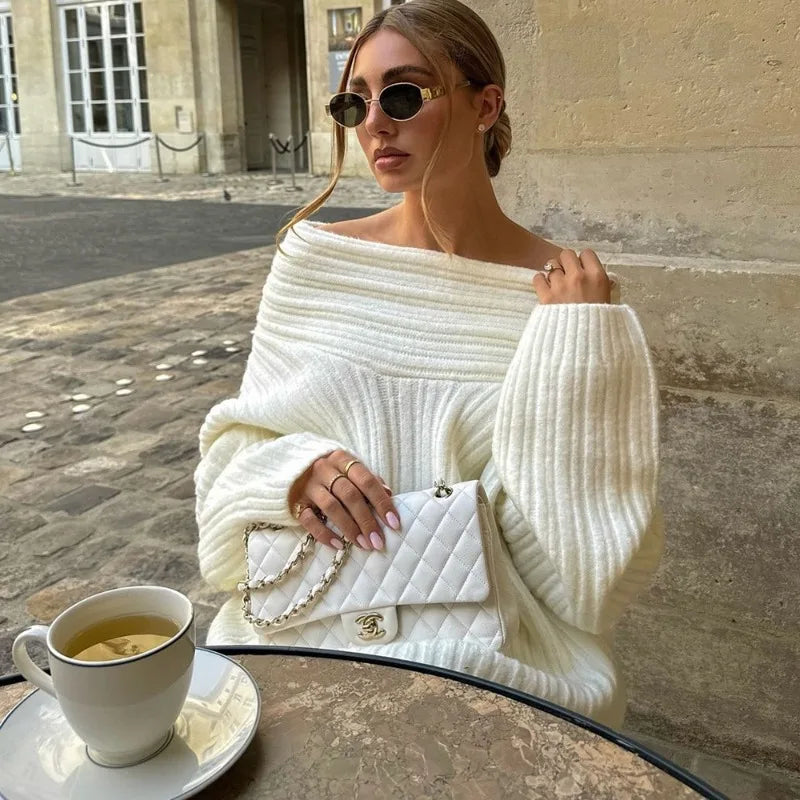 Off-Shoulder Retro Sweater - Loose Brown Knit Pullover