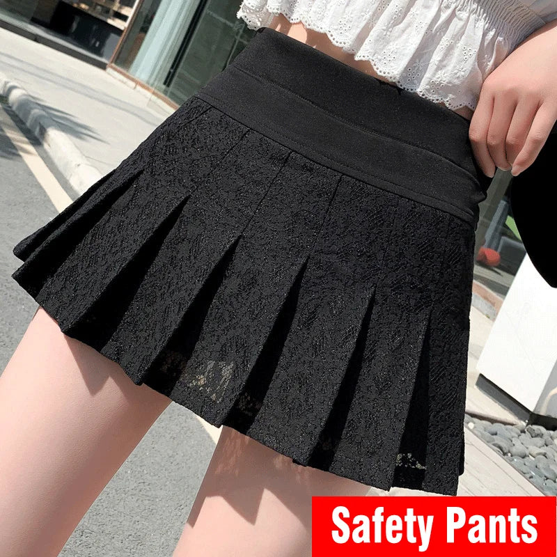 Lace Detail Pleated Mini Skirt - Sweet High Waist