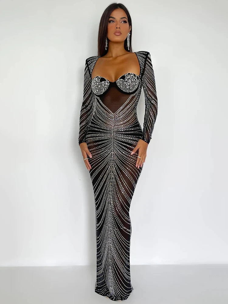 Glitter Mesh Bodycon Maxi Dress - Long-Sleeve Evening Glam