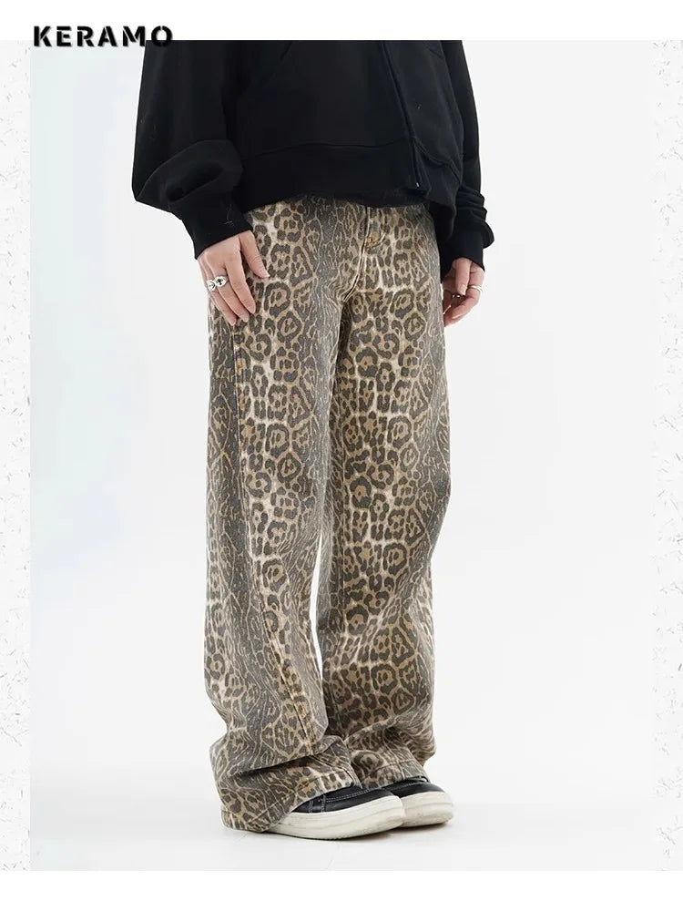 Leopard Print Wide-Leg Jeans - Vintage High-Waist Denim
