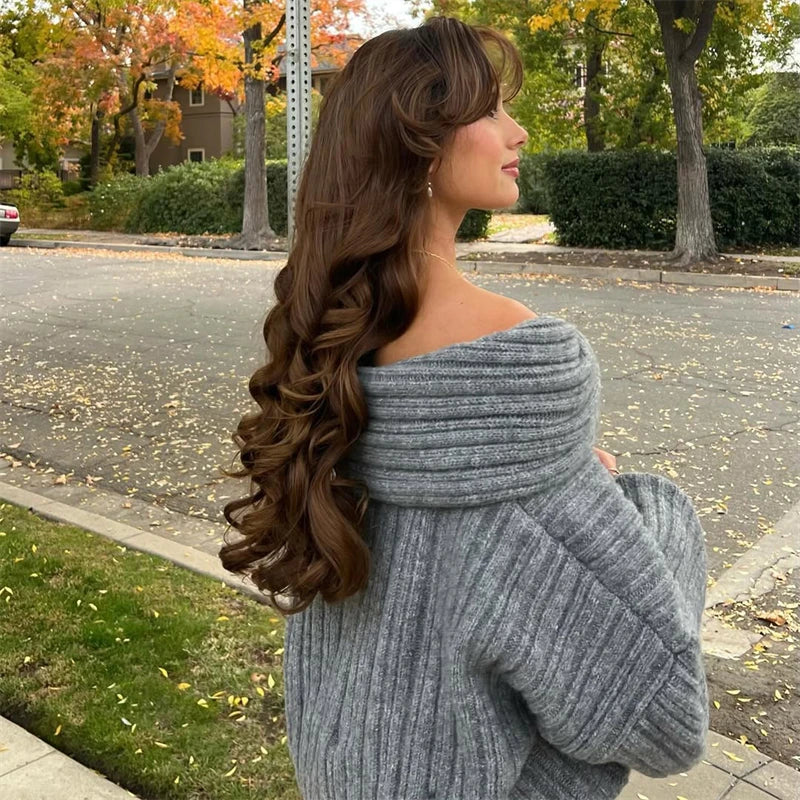 Off-Shoulder Retro Sweater - Loose Brown Knit Pullover