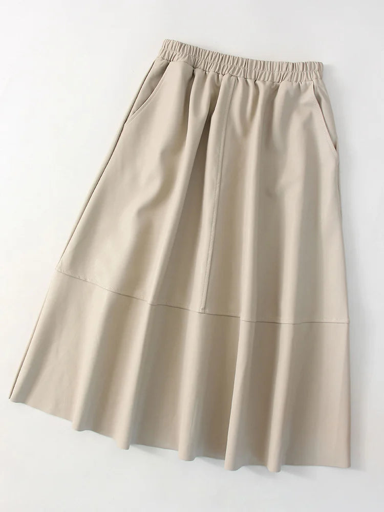 Leather A-Line Midi Skirt - Elastic Waist With Pockets