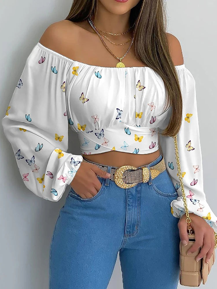 Off-Shoulder Printed Blouse - Lantern Sleeve Lace-Up Crop Top
