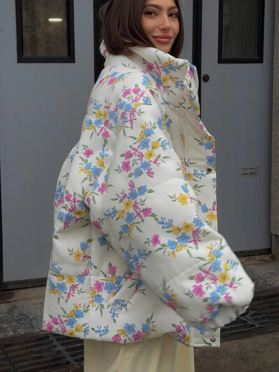 Floral Print Puffer Jacket - Oversized Stand Collar Coat