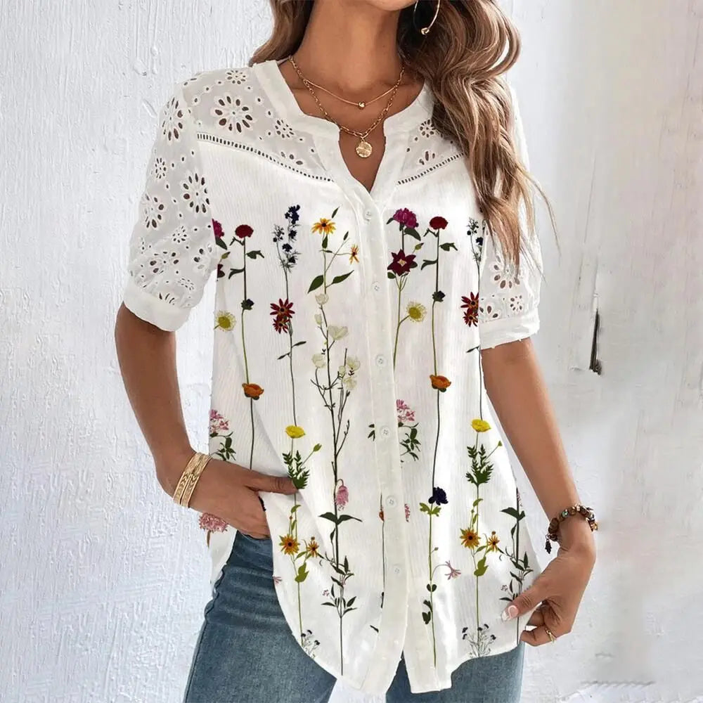 Lace Accent Short Sleeve Blouse - Relaxed Holiday Shirt