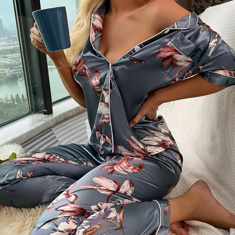 Floral Satin Button-Up Pajama Set