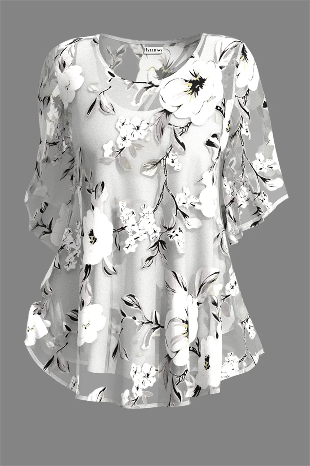 Floral Chiffon Two Piece Blouse - Dressy Plus Size Top