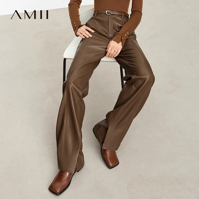 PU Leather Straight Pants - Floor Length Slit Design