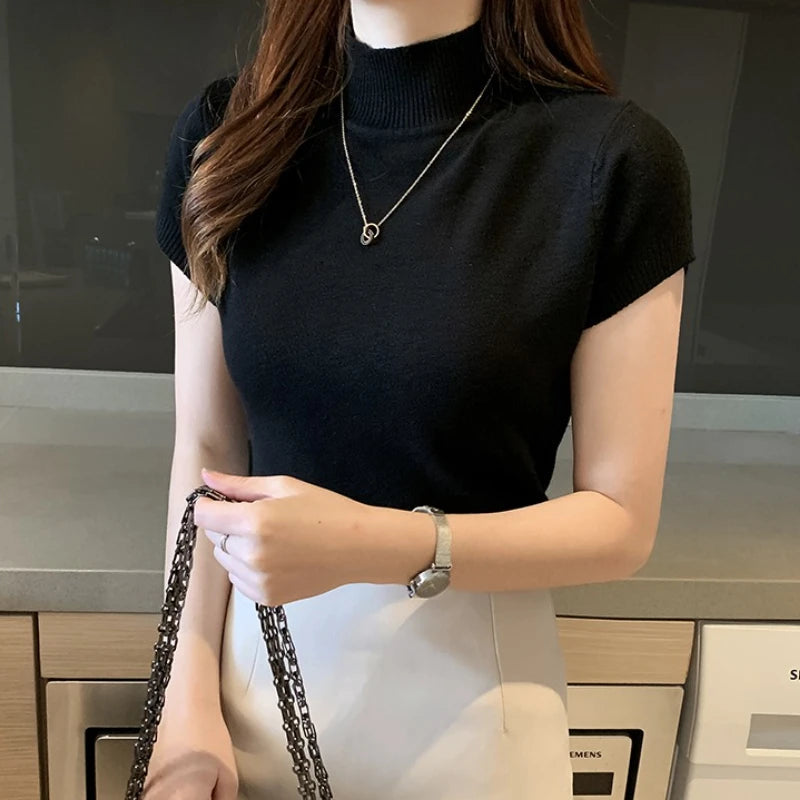 Half-High Neck Knit Tee - Korean Style One-Size Top