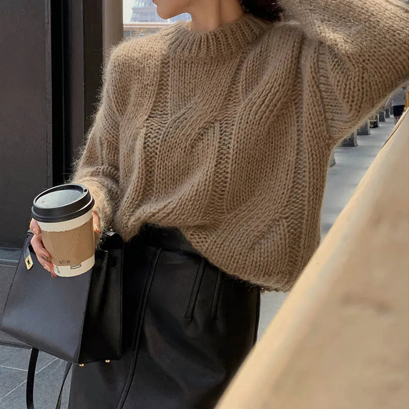 Twist Knit O-Neck Sweater - Coarse Yarn Stretch Pullover