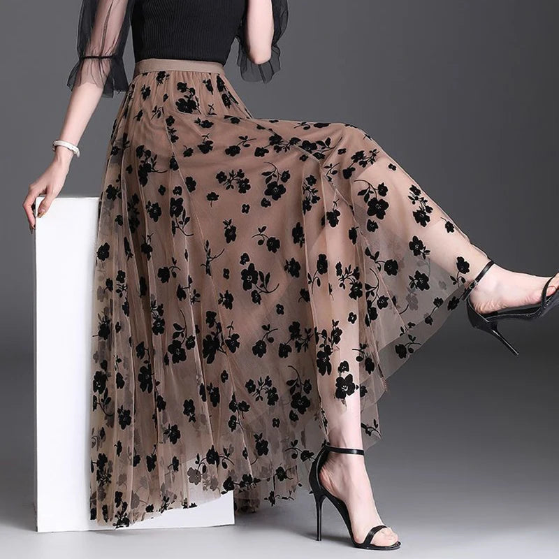 Floral Tulle Midi Skirt - Light Mesh Layered Style
