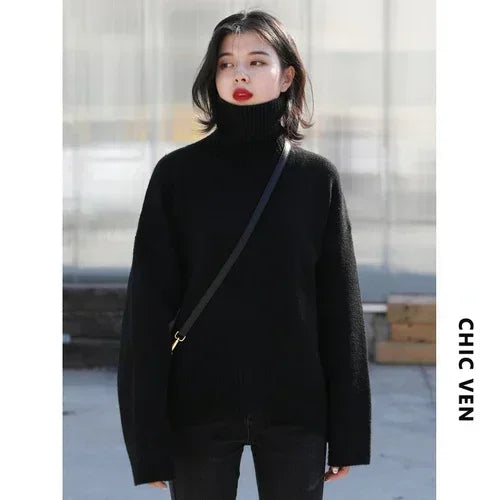 Korean Turtleneck Sweater - Warm Loose Knit Pullover